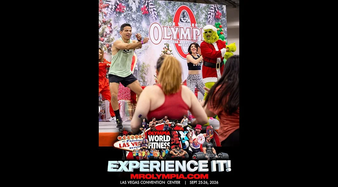Zumba instructors teaching Olympia Expo guests at the 2026 Olympia Weekend Fitness Event